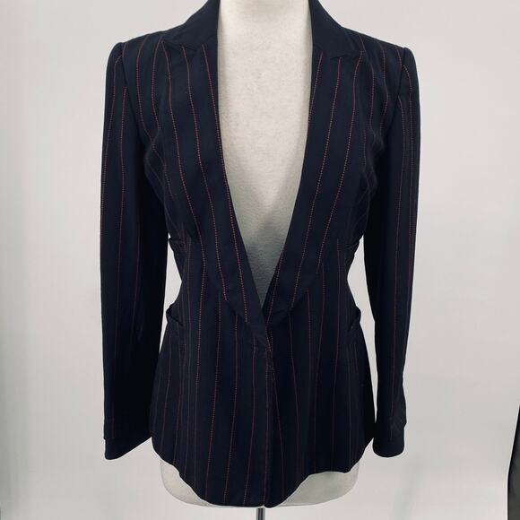 State of Claude Montana Blazer Wool Pinstripe Open Front Black Red Womens 8 42 - Picture 2 of 13